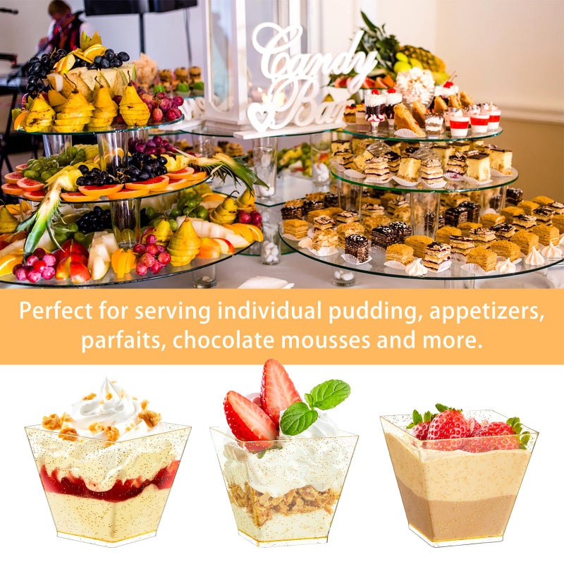 Qeirudu 3.5 oz Mini Gold Glitter Dessert Cups with Spoons - 50 Pack Gold Plastic Dessert Cups Small Parfait Shooter Cups for Party Appetizers Banana Pudding Jello - Image 4