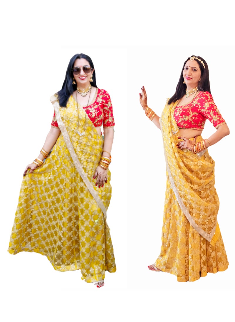 Grab Mantra Pure Georgette Yellow Lehenga With Golden Embroidery And Piping Finish Plus Dupatta Having Golden Lace Border Includes Red Full Stitched Medium Size Blouse  - Image 1