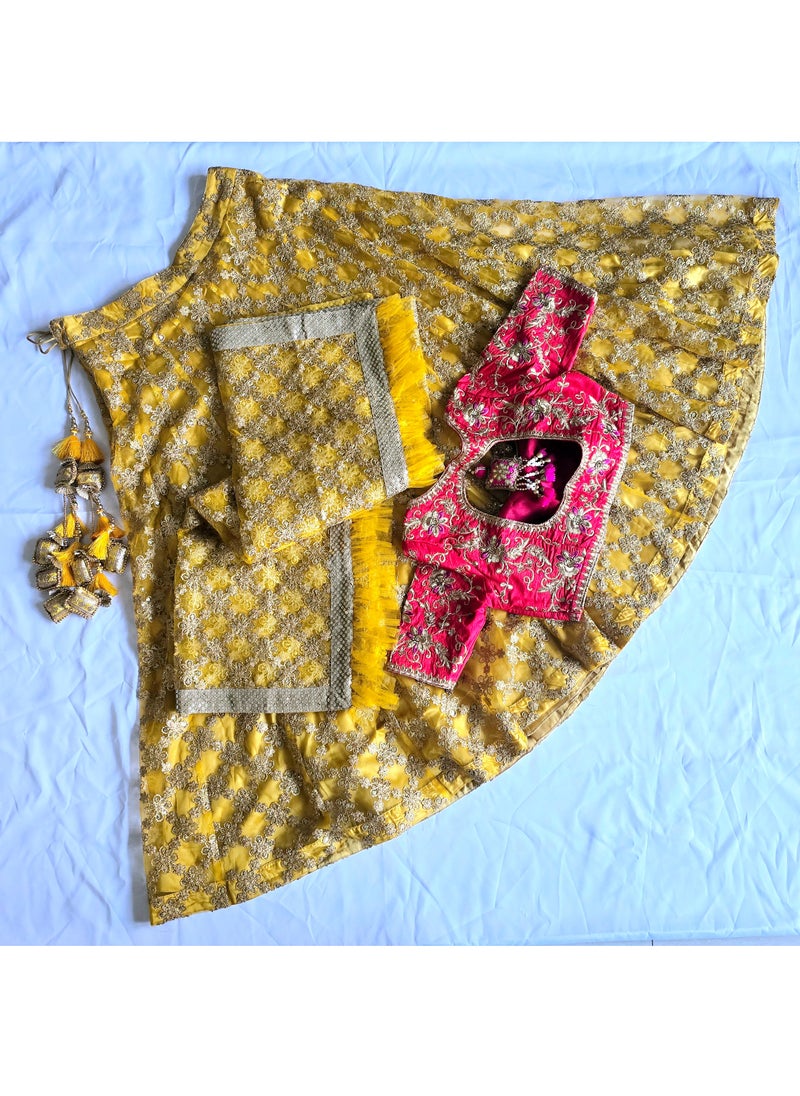 Grab Mantra Pure Georgette Yellow Lehenga With Golden Embroidery And Piping Finish Plus Dupatta Having Golden Lace Border Includes Red Full Stitched Medium Size Blouse  - Image 5