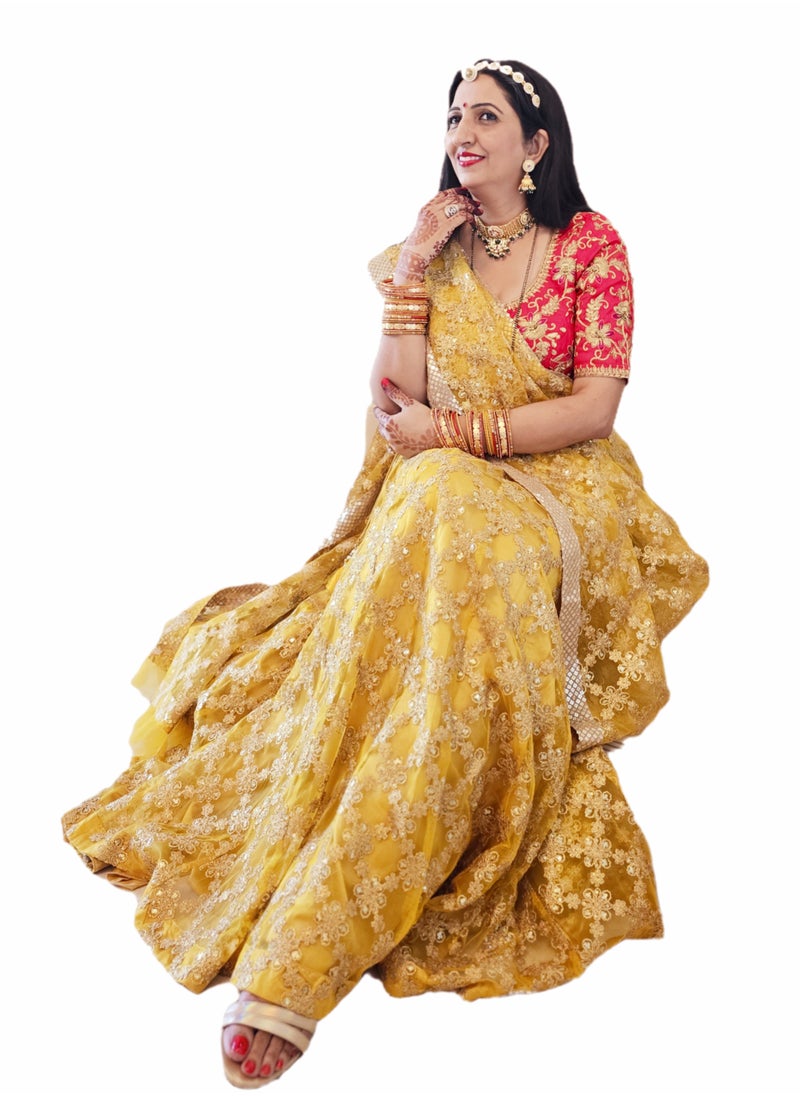 Grab Mantra Pure Georgette Yellow Lehenga With Golden Embroidery And Piping Finish Plus Dupatta Having Golden Lace Border Includes Red Full Stitched Medium Size Blouse  - Image 3
