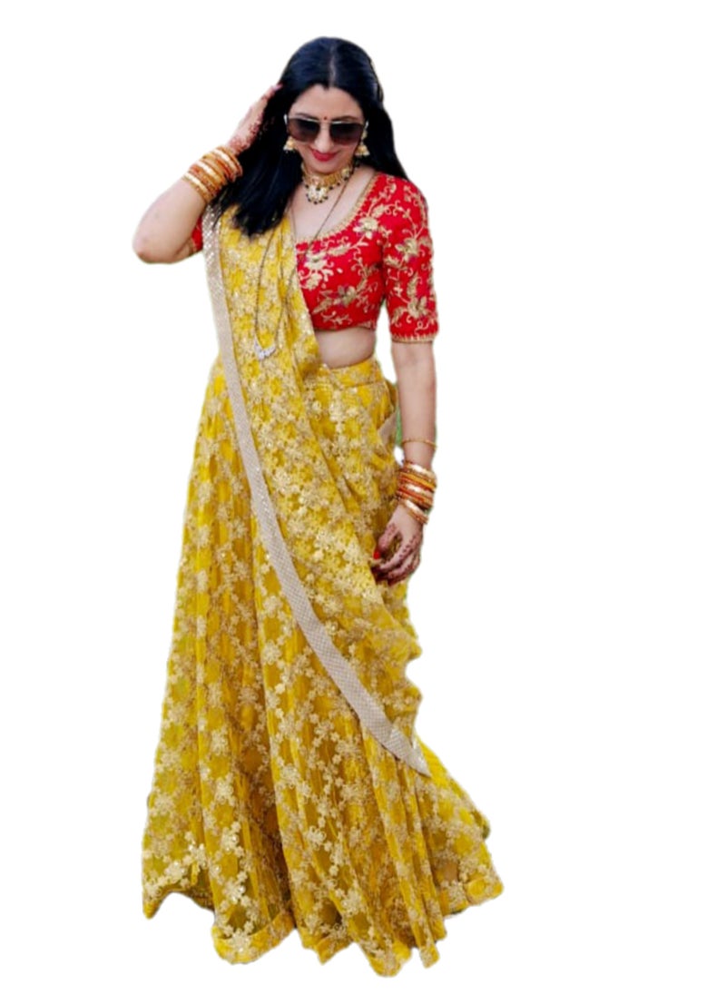 Grab Mantra Pure Georgette Yellow Lehenga With Golden Embroidery And Piping Finish Plus Dupatta Having Golden Lace Border Includes Red Full Stitched Medium Size Blouse  - Image 2