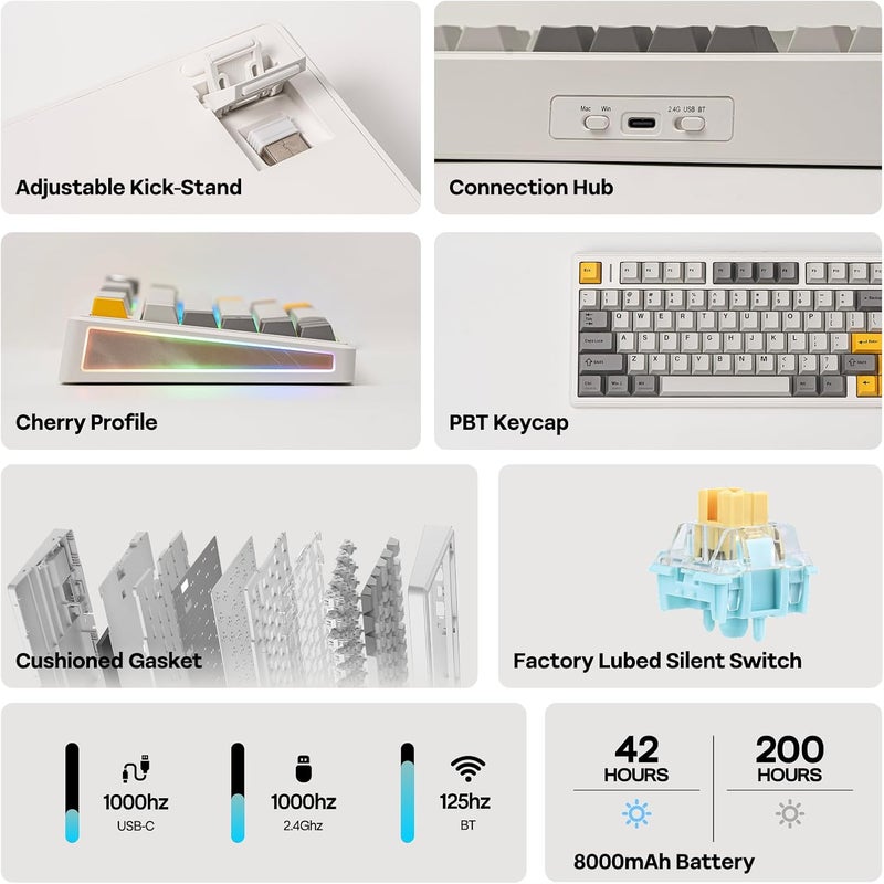 EPOMAKER Wear resistant upgraded material TH80 V2 75% Wireless Mechanical Keyboard with Metal Knob, 8000mAh, 2.4Ghz/BT/USB-C, RGB, Hot Swap, Custom Driver, PBT Keycap, Wireless Gaming Keyboard for PC/Mac (White, Sea Salt Silent) Simple multi-color universal build - Image 3