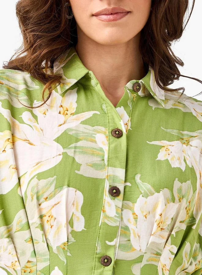 سبلاش فيڤ Floral Print Shirt Style Women Dress with Collar Viscose
