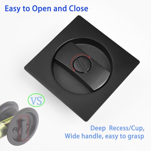 Dontay Pocket Door Privacy Lock Flush Handles 238 Backset BedBath Latch Recessed Knob Hardware for 1 38 to 2 316 Thickness Door Excluding Edge Pull Matte Black Square 1 Pack - Image 3