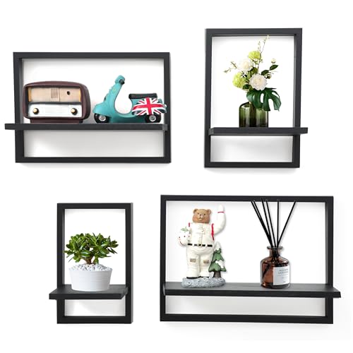 PHOENANCEE Square Floating ShelvesFramed Wall Shelf Decorative Set of 4Modern Plants Hanging Display Art Decor Storage for Livingroom Bedroom Bathroom FarmhouseHome Light WoodRustic Black - Image 1
