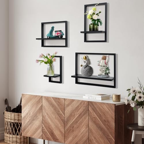 PHOENANCEE Square Floating ShelvesFramed Wall Shelf Decorative Set of 4Modern Plants Hanging Display Art Decor Storage for Livingroom Bedroom Bathroom FarmhouseHome Light WoodRustic Black - Image 3
