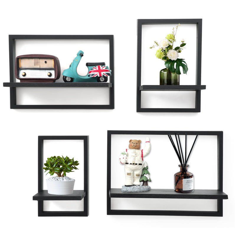 PHOENANCEE Square Floating ShelvesFramed Wall Shelf Decorative Set of 4Modern Plants Hanging Display Art Decor Storage for Livingroom Bedroom Bathroom FarmhouseHome Light WoodRustic Black - Image 2