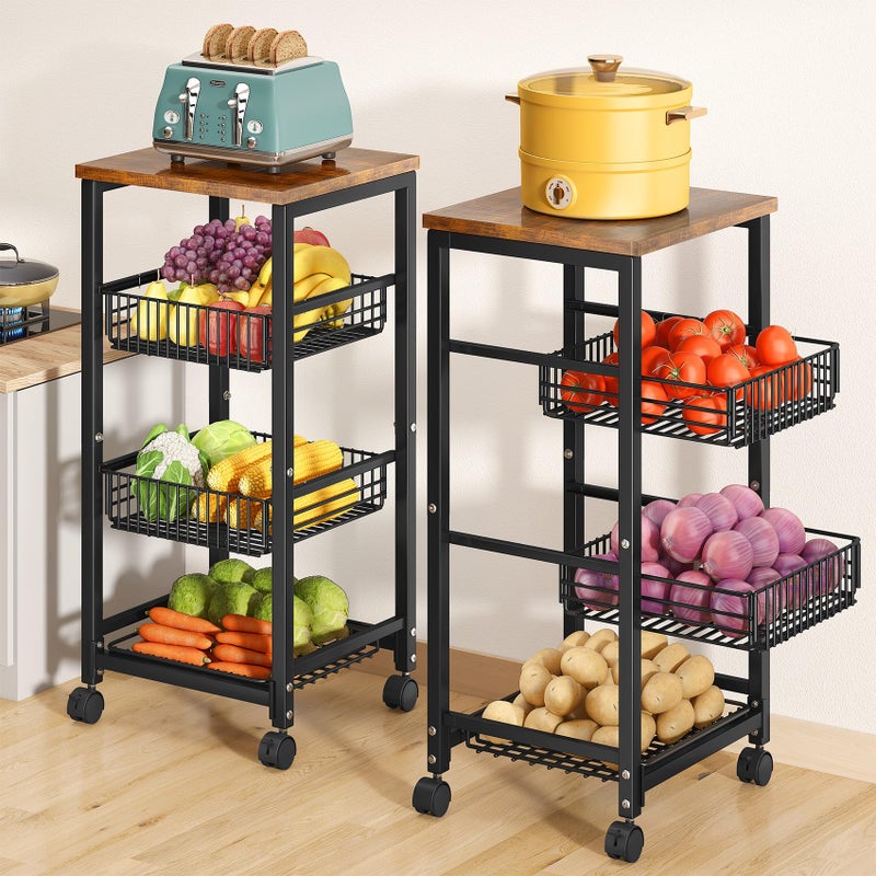 SNTD Fruit Basket Vegetable Stand for Kitchen Pantry, Pull Out Wire Storage Organizers With Wood Top and Wheels for Onions Potatoes Snacks, Black - Image 1