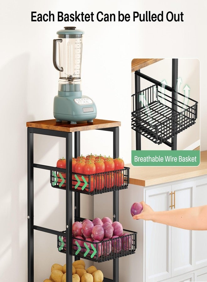 SNTD Fruit Basket Vegetable Stand for Kitchen Pantry, Pull Out Wire Storage Organizers With Wood Top and Wheels for Onions Potatoes Snacks, Black - Image 3