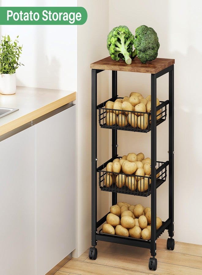 SNTD Fruit Basket Vegetable Stand for Kitchen Pantry, Pull Out Wire Storage Organizers With Wood Top and Wheels for Onions Potatoes Snacks, Black - Image 5