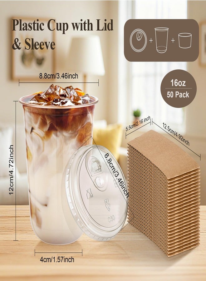 tchrules 50 Set 16oz Clear Plastic Cups with Strawless Sip Lids & Cup Sleeves, Disposable Round Bottom To Go Iced Coffee Cups for Cold Drinks Smoothies Lemonade Slushies Milkshakes Party Supplies - Image 2