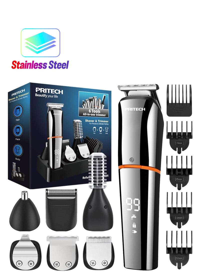 pritech Hair Trimmers,Beard Trimmer, 6 in 1 Kit Electric Cordless Nose Trimmer Mens Grooming Trimmer for Beard Head Face and Body Waterproof IPX7 USB Rechargeable LED Power Display  - Image 1
