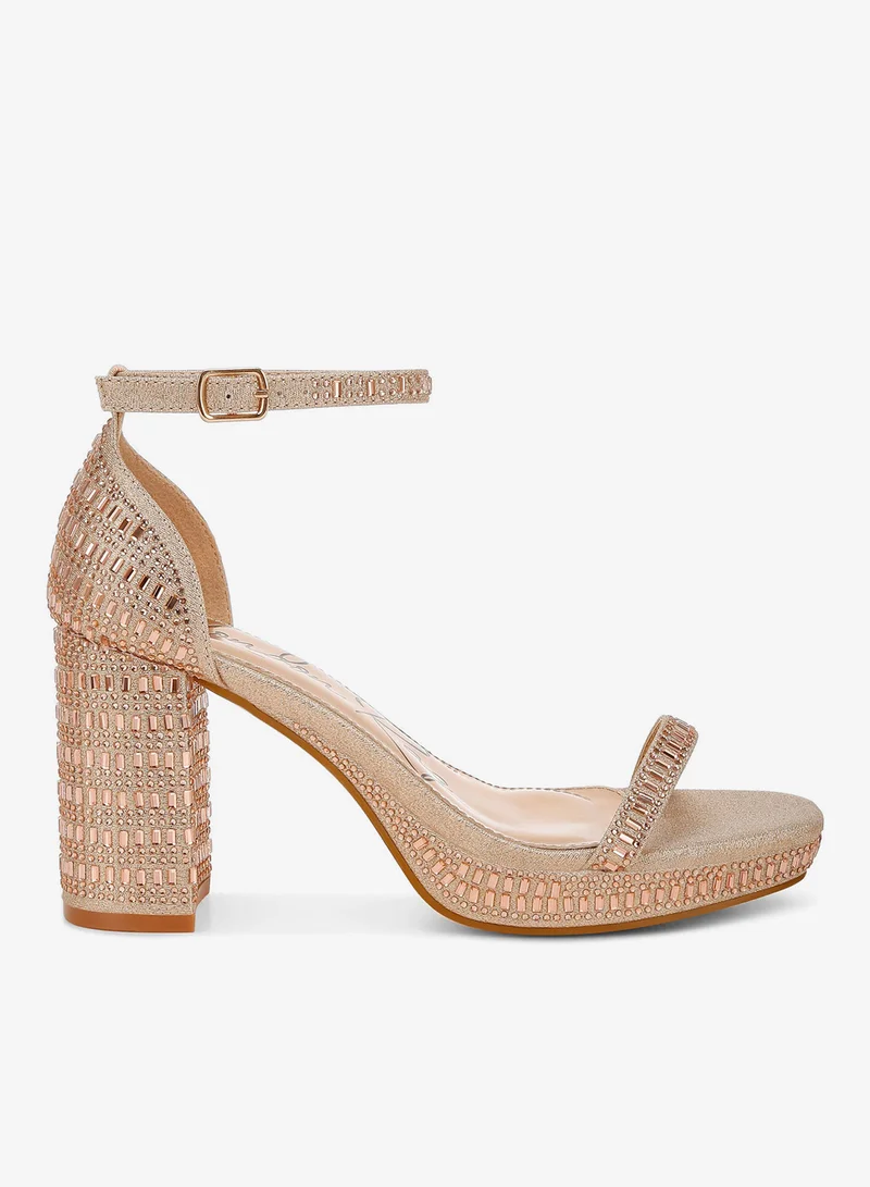Rhinestones Embellished Block Sandals in  Beige Gold