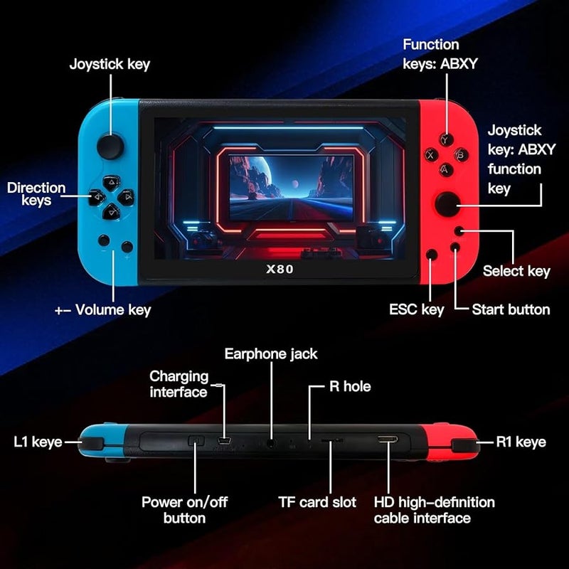 X80 Portable Handheld Game Console 7 Inch 20000 Games 16GB TV Play Blue Red - Image 2