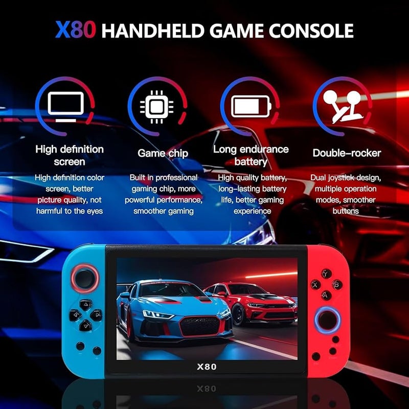 X80 Portable Handheld Game Console 7 Inch 20000 Games 16GB TV Play Blue Red - Image 3