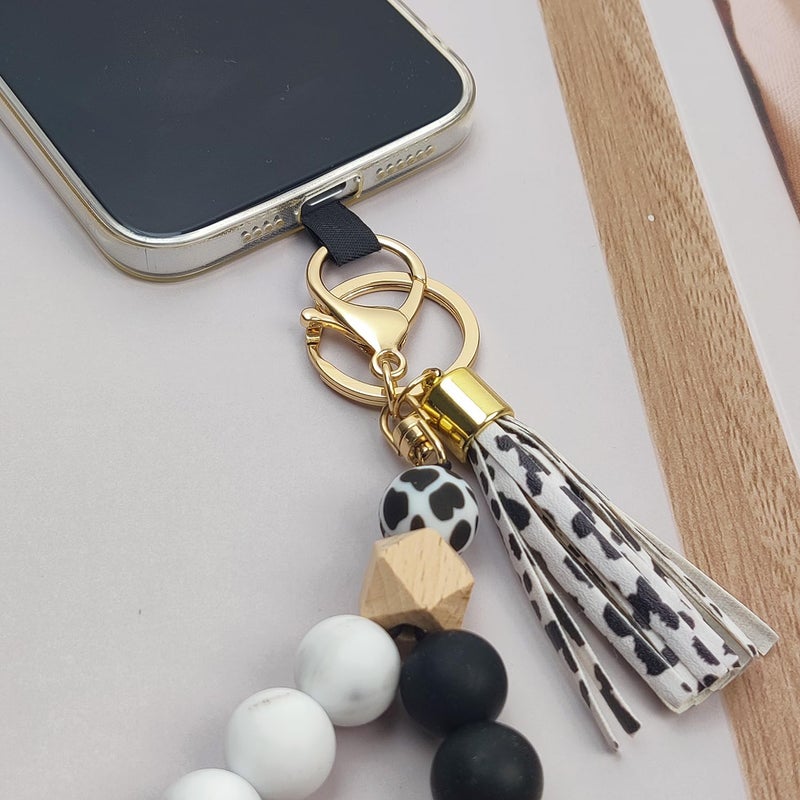 Nalefow Phone Lanyard Silicone Beaded Phone Wrist Strap Cute Elastic Cell Phone Wristlet Chain Bracelet with 2 Tether Tab for Phone (Black) - Image 4