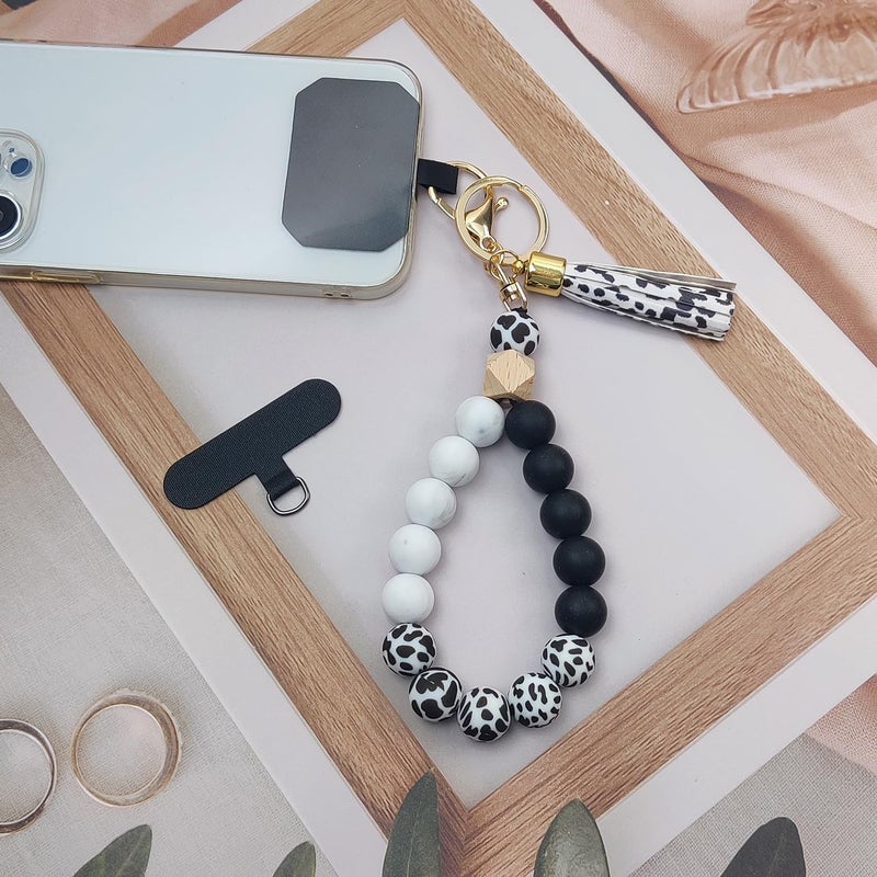 Nalefow Phone Lanyard Silicone Beaded Phone Wrist Strap Cute Elastic Cell Phone Wristlet Chain Bracelet with 2 Tether Tab for Phone (Black) - Image 2