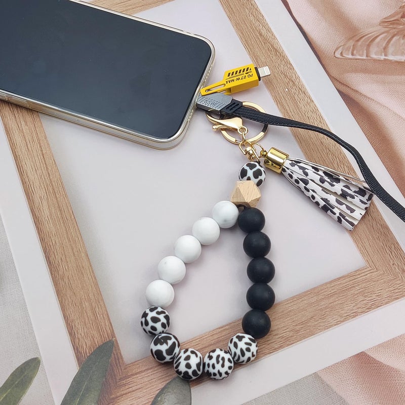 Nalefow Phone Lanyard Silicone Beaded Phone Wrist Strap Cute Elastic Cell Phone Wristlet Chain Bracelet with 2 Tether Tab for Phone (Black) - Image 3