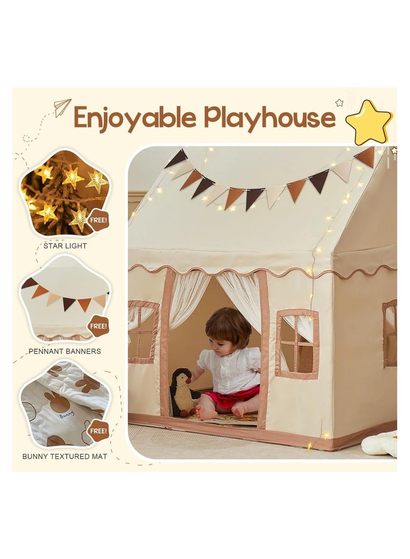 بلومنغ تايم خيمة لعب منزلية للأطفال مع سجادة أساسية مع إضاءة، خيمة قلعة للأولاد والبنات، خيمة ألعاب للأطفال قابلة للغسل للاستخدام الداخلي والخارجي، لون محايد، كريمي - Image 3