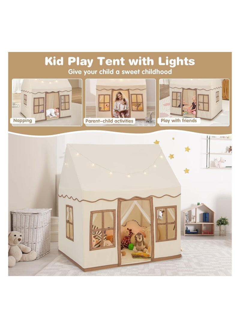 بلومنغ تايم خيمة لعب منزلية للأطفال مع سجادة أساسية مع إضاءة، خيمة قلعة للأولاد والبنات، خيمة ألعاب للأطفال قابلة للغسل للاستخدام الداخلي والخارجي، لون محايد، كريمي - Image 2