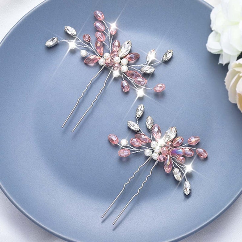 Unicra Bride Wedding Hair Pins Silver Crystal Headpiece Pink Rhinestone Bridal Hair Accessories for Women and GirlsPack of 2