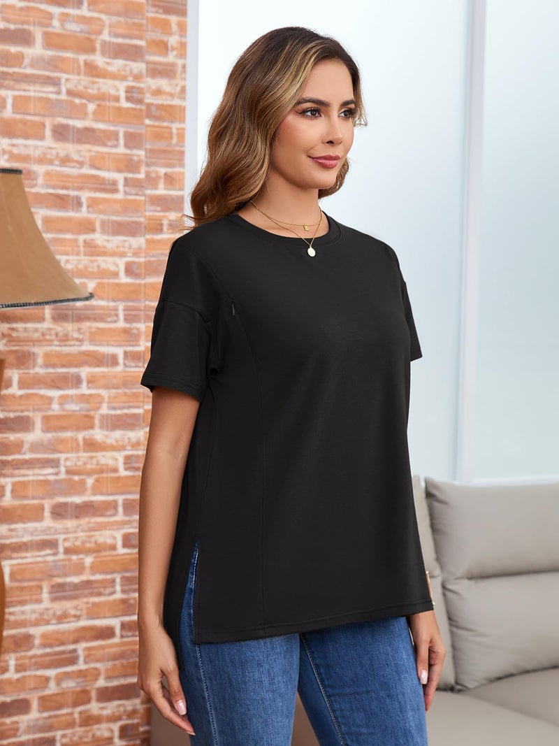 Ecavus Women's Oversized Nursing Shirts for Breastfeeding with Hidden Zipper Short Sleeves Side Splits Maternity Tops Black - Image 5