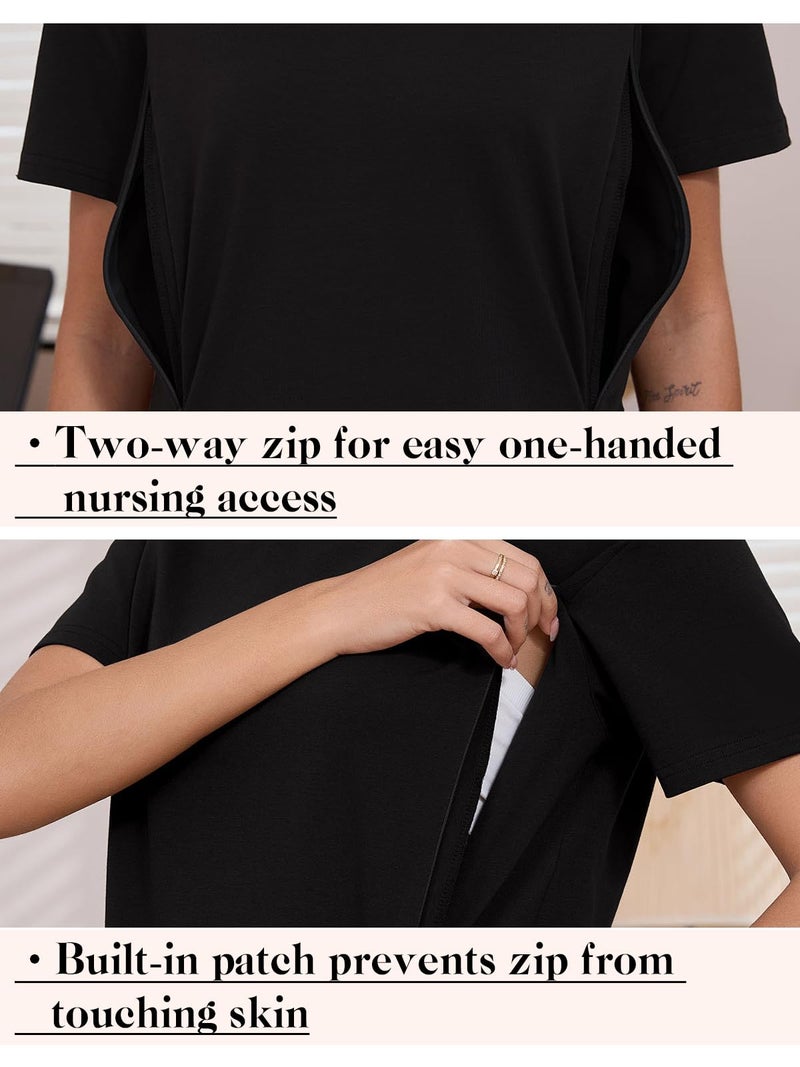 Ecavus Women's Oversized Nursing Shirts for Breastfeeding with Hidden Zipper Short Sleeves Side Splits Maternity Tops Black - Image 3