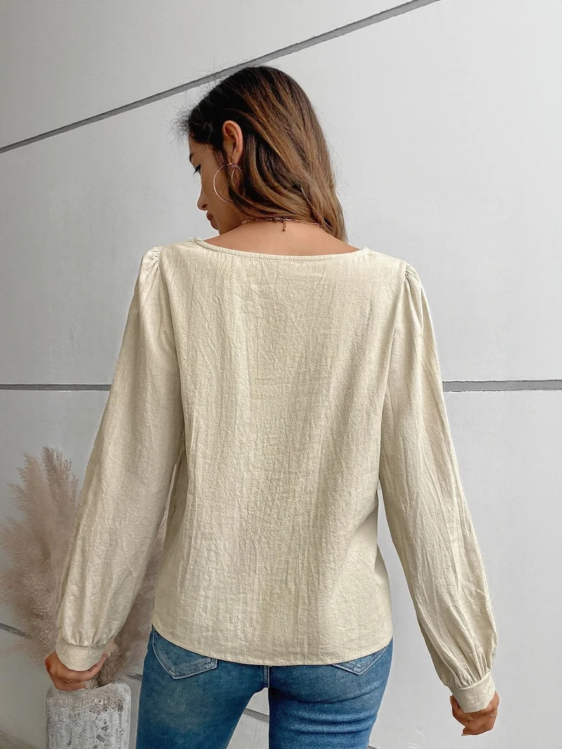 OUTZIDR Beige Full Sleeve Top With Asymetric Neck Detail