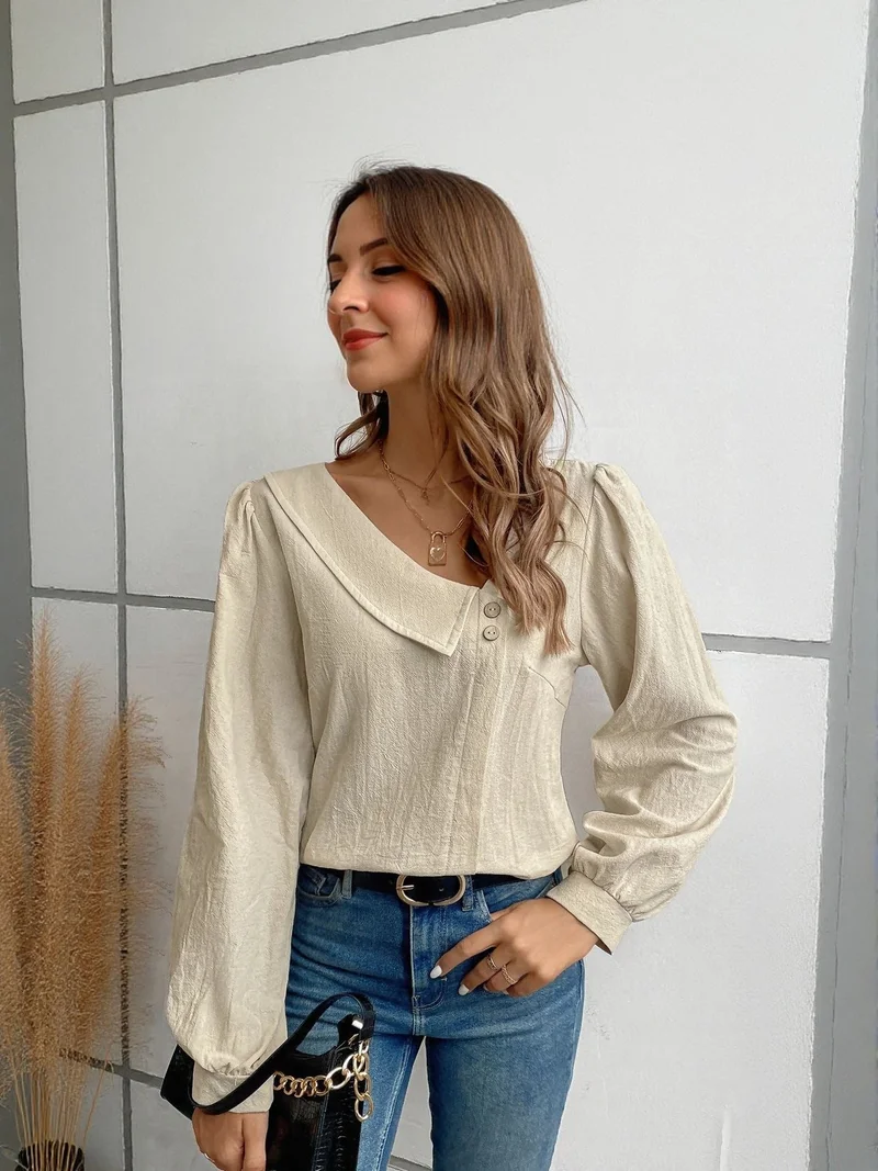 OUTZIDR Beige Full Sleeve Top With Asymetric Neck Detail