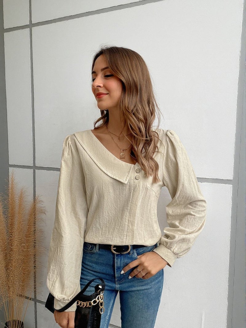OUTZIDR Beige Full Sleeve Top With Asymetric Neck Detail - Image 1