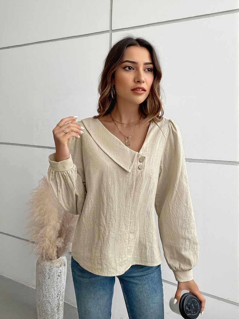 OUTZIDR Beige Full Sleeve Top With Asymetric Neck Detail - Image 4