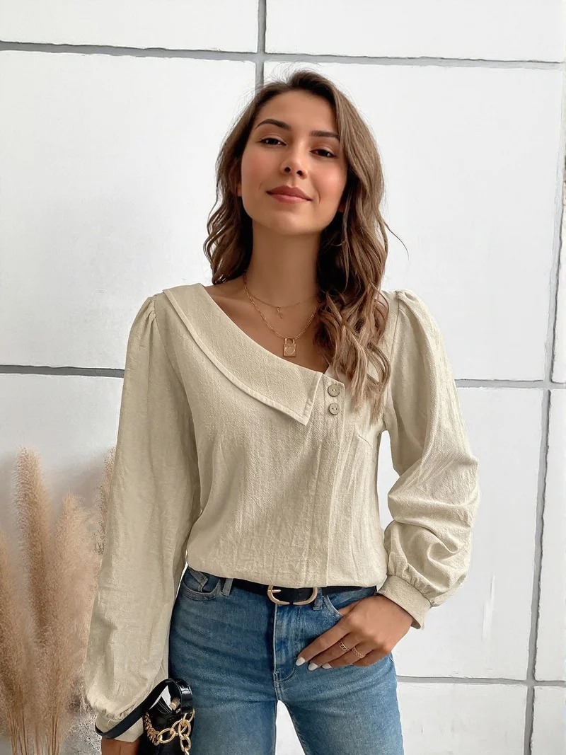 Outzidr  Beige Full Sleeve Top With Asymetric Neck Detail for Women | Best Price UAE