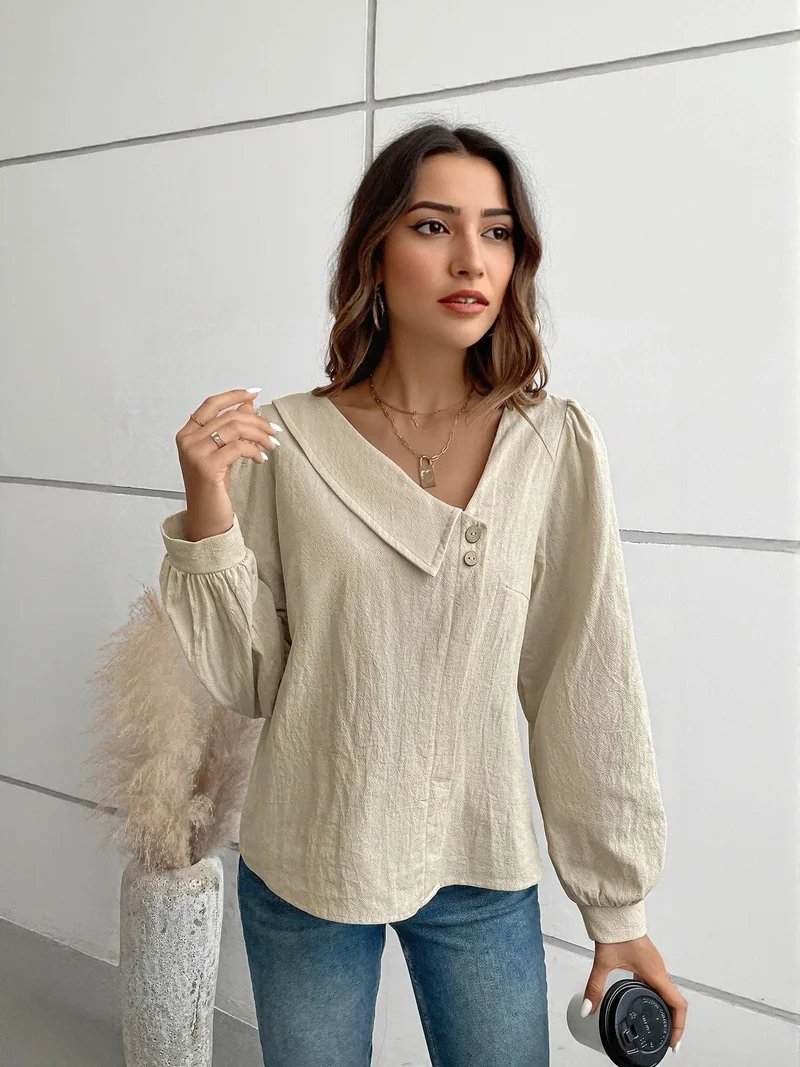 Outzidr  Beige Full Sleeve Top With Asymetric Neck Detail for Women | Best Price UAE