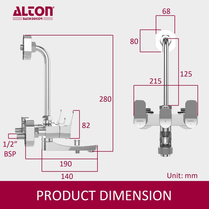 ALTON ARA19090 Brass 3in1 Wall Mixer with Provision for Over Head and Hand Shower and 190mm Bend Pipe Chrome - Image 2