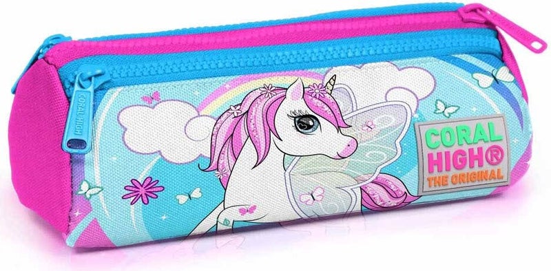 CORAL HIGH Kids Three Compartment Pencil Case Blue Neon Pink Unicorn Patterned 22011  - Image 1