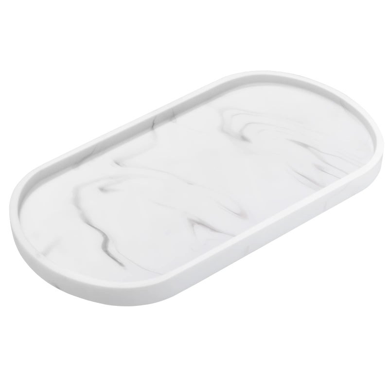 Luxspire Bathroom Vanity Tray, Handmade Resin Kitchen Tray, Oval Toilet Tank Tray, Bathroom Countertop Organizer Tray for Jewelry/Perfume/Soap Dispenser/Hand Towel - 11.4 Inch, Marble White - Image 1