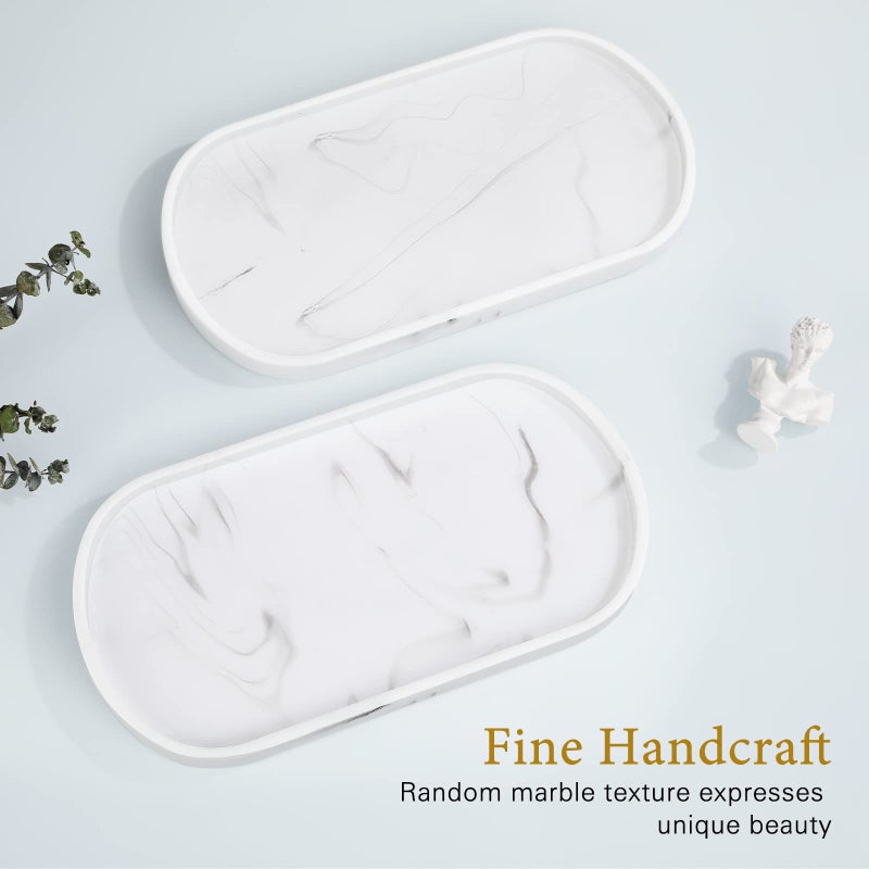 Luxspire Bathroom Vanity Tray, Handmade Resin Kitchen Tray, Oval Toilet Tank Tray, Bathroom Countertop Organizer Tray for Jewelry/Perfume/Soap Dispenser/Hand Towel - 11.4 Inch, Marble White - Image 2