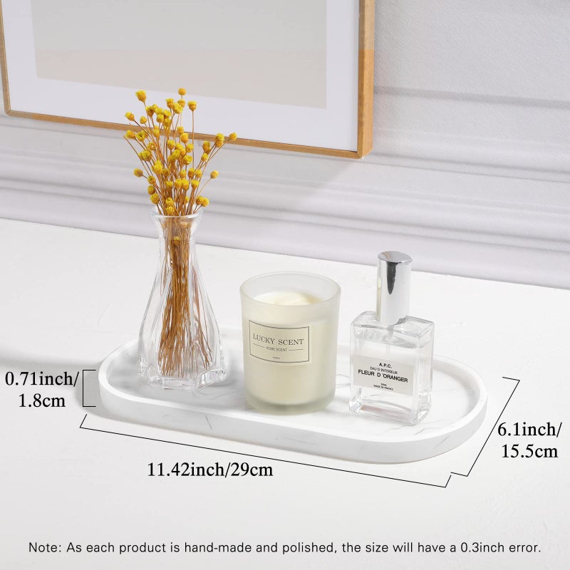 Luxspire Bathroom Vanity Tray, Handmade Resin Kitchen Tray, Oval Toilet Tank Tray, Bathroom Countertop Organizer Tray for Jewelry/Perfume/Soap Dispenser/Hand Towel - 11.4 Inch, Marble White - Image 3