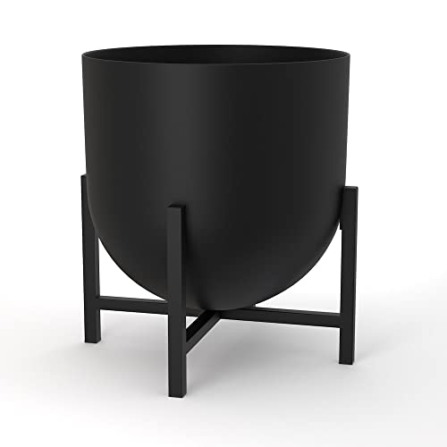 Olly & Rose Plant Pot with Plant Stand - Metal Plant Pots Indoor Planter 22cm Large Flower Pot (Black) - Image 1