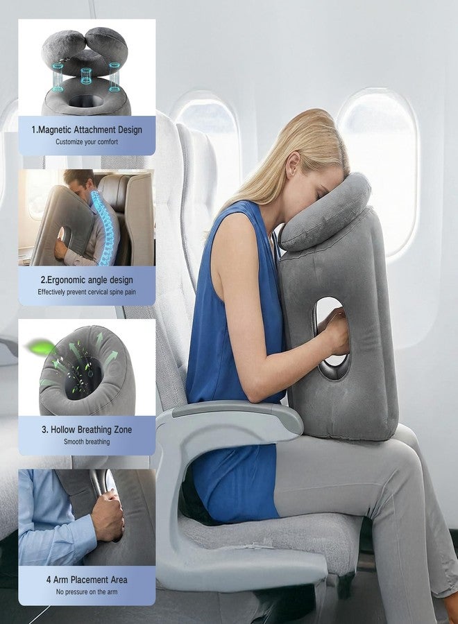 Werfeito 2-in-1 Magnetic Design Inflatable Travel Pillow, Ergonomic Neck Support Airplane Pillow for Flying, Compact Camping Pillow with Storage Bag for Home Nap & Car Travel (Grey) - Image 4