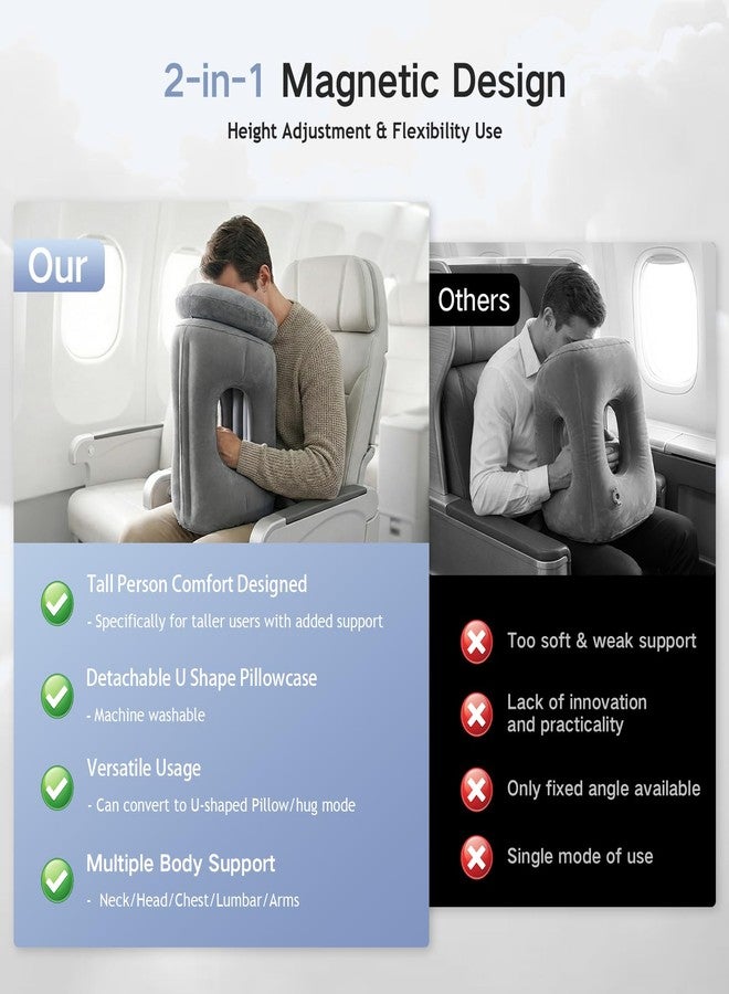 Werfeito 2-in-1 Magnetic Design Inflatable Travel Pillow, Ergonomic Neck Support Airplane Pillow for Flying, Compact Camping Pillow with Storage Bag for Home Nap & Car Travel (Grey) - Image 3