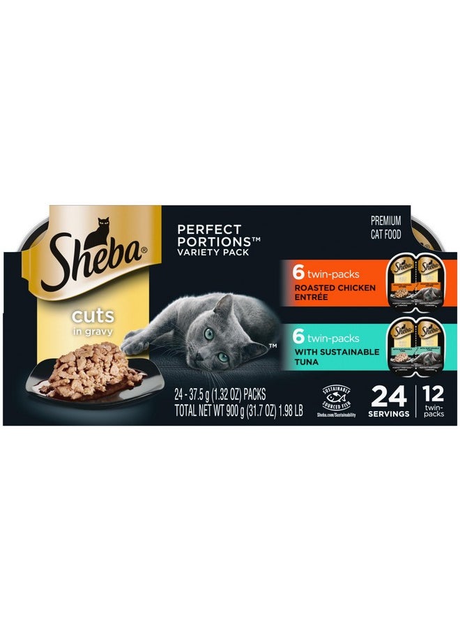 Sheba SHEBA Perfect Portions Cuts in Gravy Wet Cat Food Trays (12 Count, 24 Servings), Signature Tuna and Roasted Chicken Entrée, Easy Peel Twin-Pack Trays  - Image 1