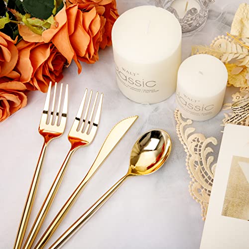 Rubtlamp 180Pcs Gold Plastic Silverware,Luxury Gold Plastic Cutlery,Heavy duty Golden Disposable Flatware, Utensils Set Disposable Include 60Gold Forks,60Gold Spoons,60Plastic Knives for Party,Wedding - Image 5
