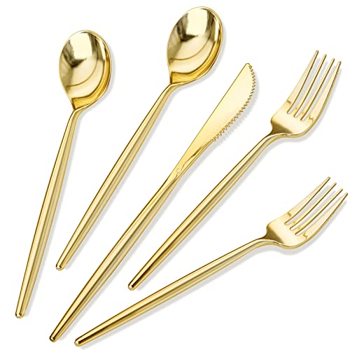 Rubtlamp 180Pcs Gold Plastic Silverware,Luxury Gold Plastic Cutlery,Heavy duty Golden Disposable Flatware, Utensils Set Disposable Include 60Gold Forks,60Gold Spoons,60Plastic Knives for Party,Wedding - Image 1