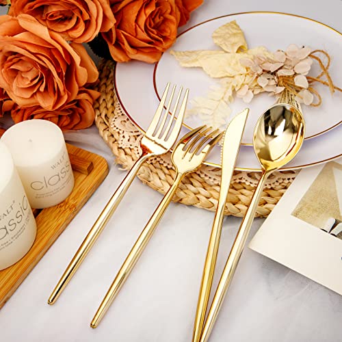 Rubtlamp 180Pcs Gold Plastic Silverware,Luxury Gold Plastic Cutlery,Heavy duty Golden Disposable Flatware, Utensils Set Disposable Include 60Gold Forks,60Gold Spoons,60Plastic Knives for Party,Wedding - Image 3