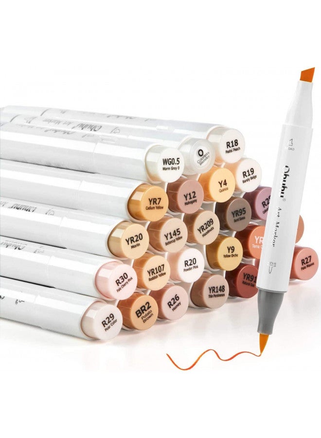 Ohuhu 24 Skin-Tone Colors Alcohol Markers, Sketch Art Marker, Alcohol-based Brush Markers for Kids and Adults' Coloring, Illustration, Comes w/ 1 Colorless Alcohol Marker Blender (Fine & Brush) - Image 1