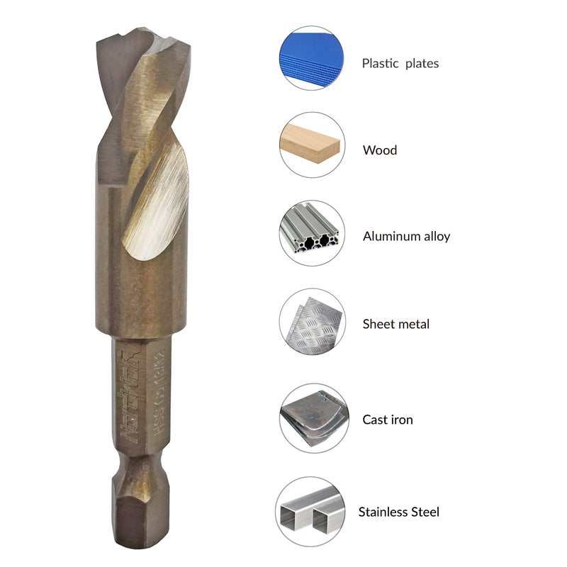 NordWolf 1/2" M35 Cobalt Stubby Drill Bit for Stainless Steel & Hard Metals, with 1/4" Hex Shank for Quick Chucks & Impact Drivers - Image 3