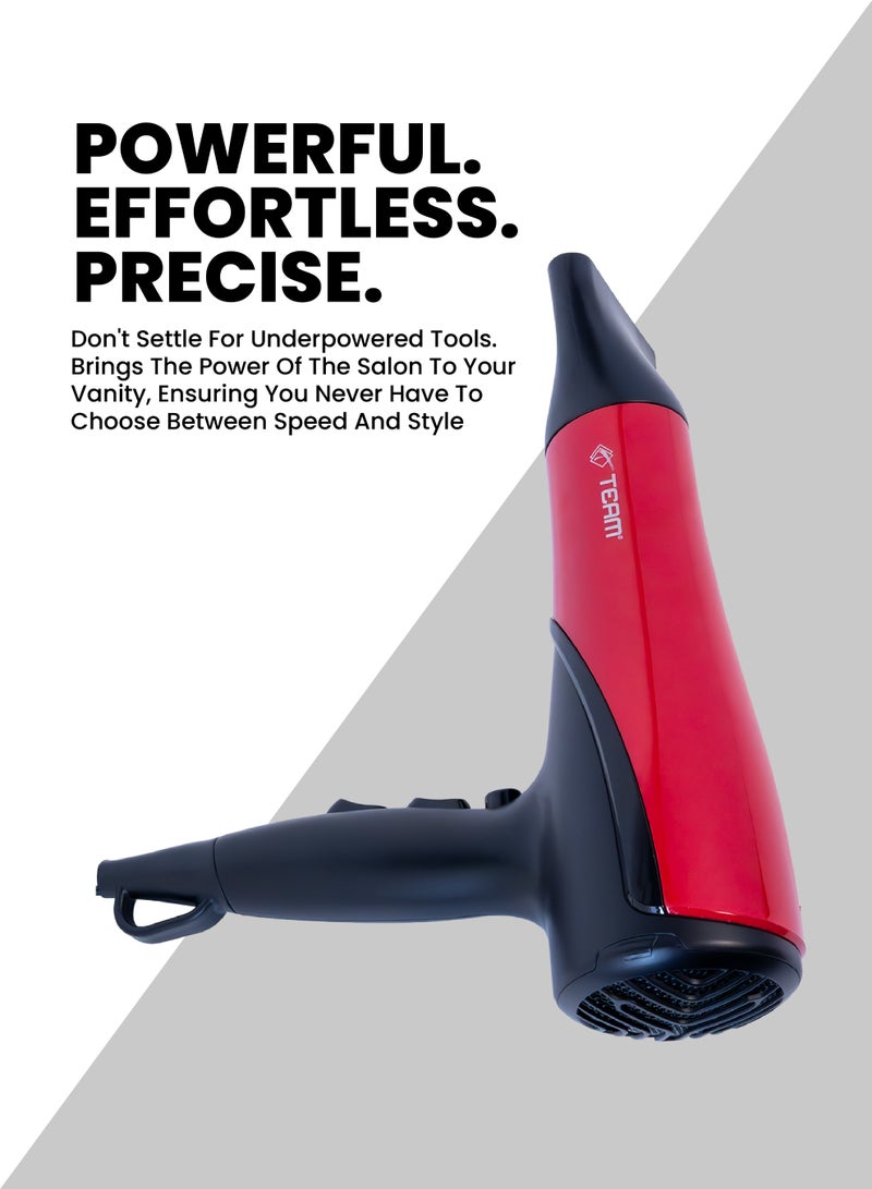 تيم Team Professional Hair Dryer 2200W | Powerful Salon Blow Dryer with Concentrator Nozzle, Fast Drying Motor, Heat & Speed Settings, Lightweight Design for Home & Salon Use - Image 3