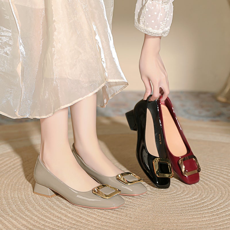 Low-Heeled Flats, Feminine And Comfortable, 2025 Spring & Fall New Patent Leather Square-Toe Granny Shoes, Red Thick-Heeled High Heels - Image 2