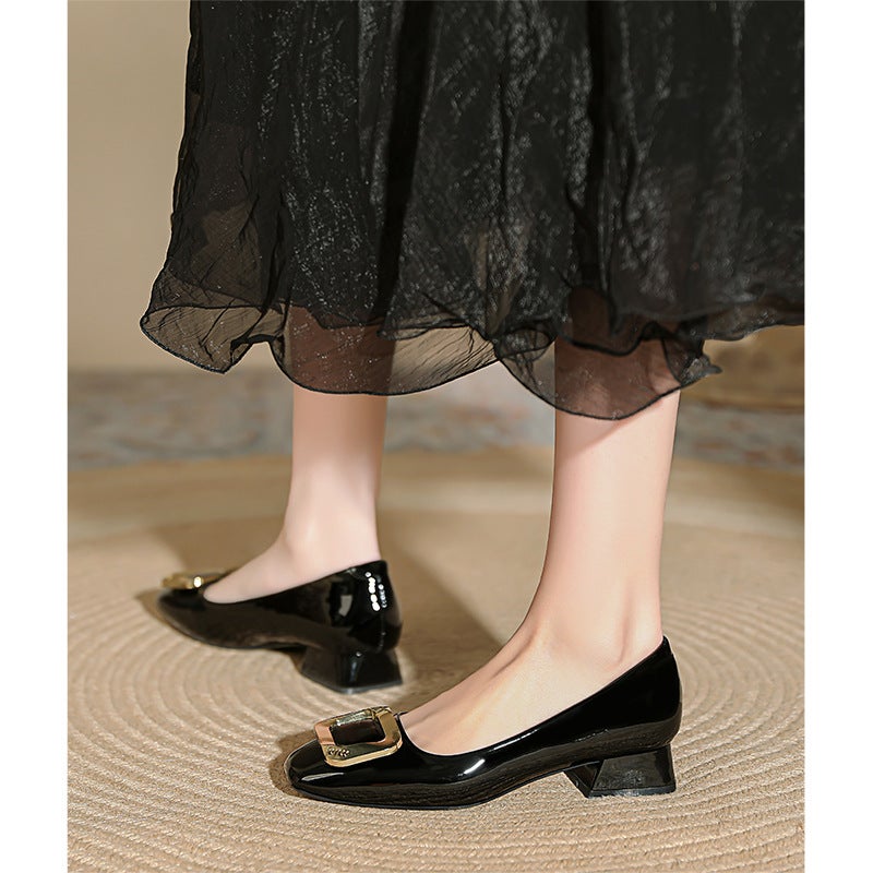 Low-Heeled Flats, Feminine And Comfortable, 2025 Spring & Fall New Patent Leather Square-Toe Granny Shoes, Red Thick-Heeled High Heels - Image 5